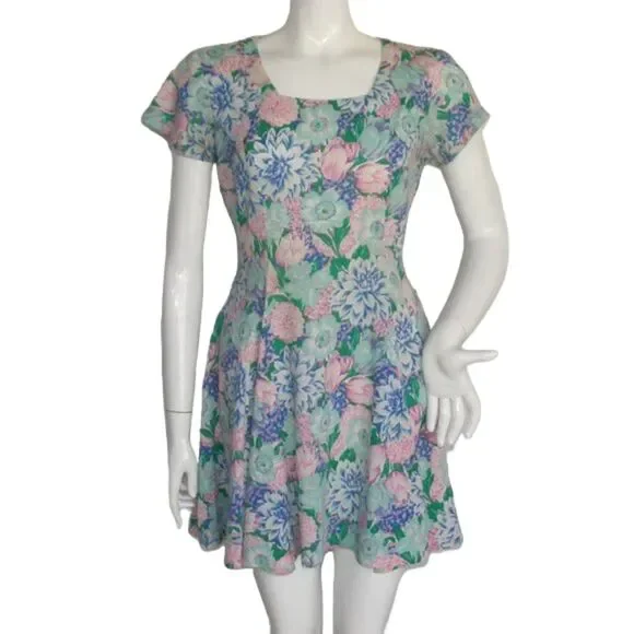 VINTAGE Skater MIni Dress, S, Multicolor Floral, Short sleeves, Square neck - Picture 1 of 13